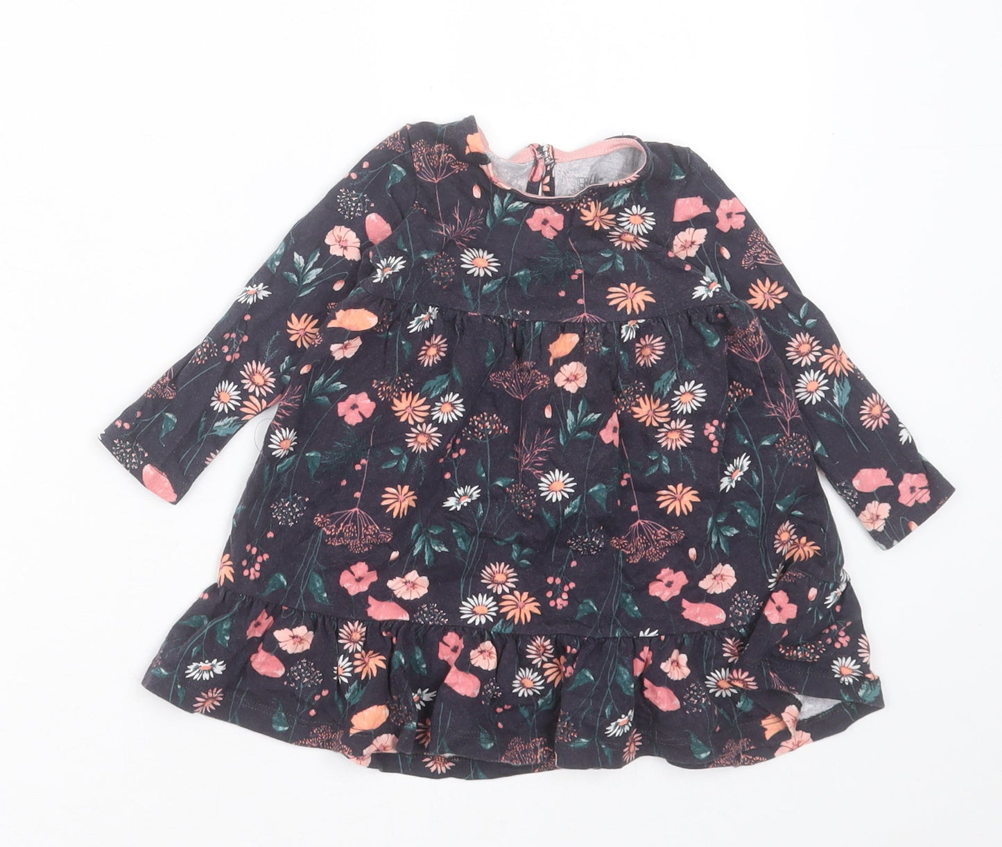 F&F Girls Blue Floral Cotton A-Line  Size 6-9 Months  Crew Neck Button