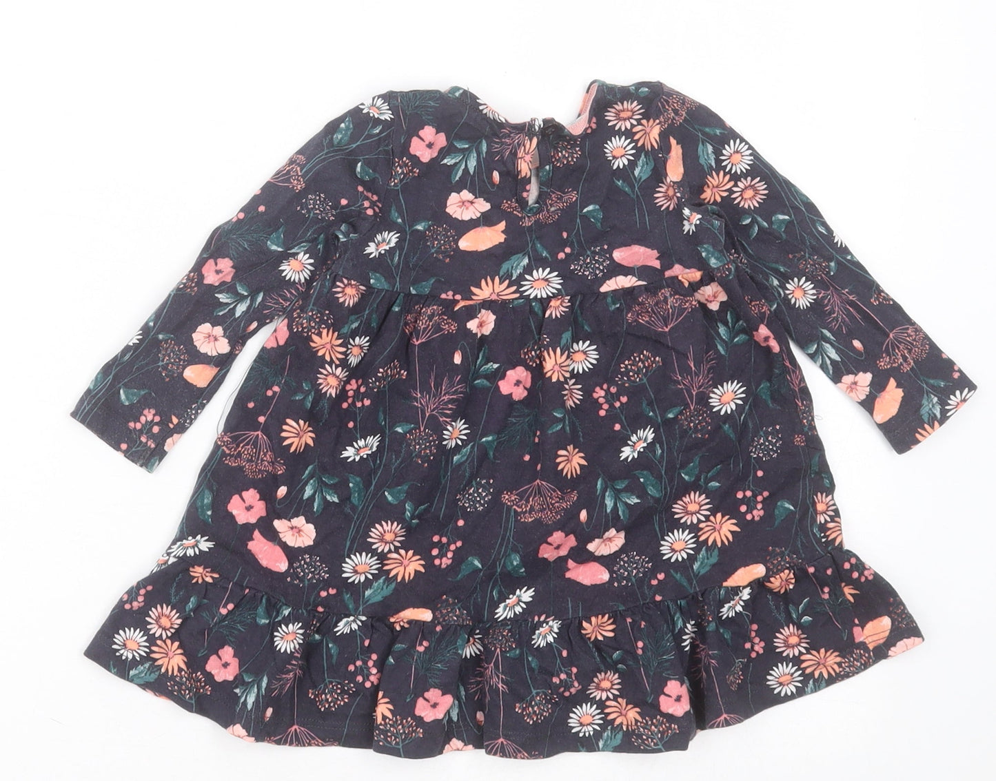 F&F Girls Blue Floral Cotton A-Line  Size 6-9 Months  Crew Neck Button