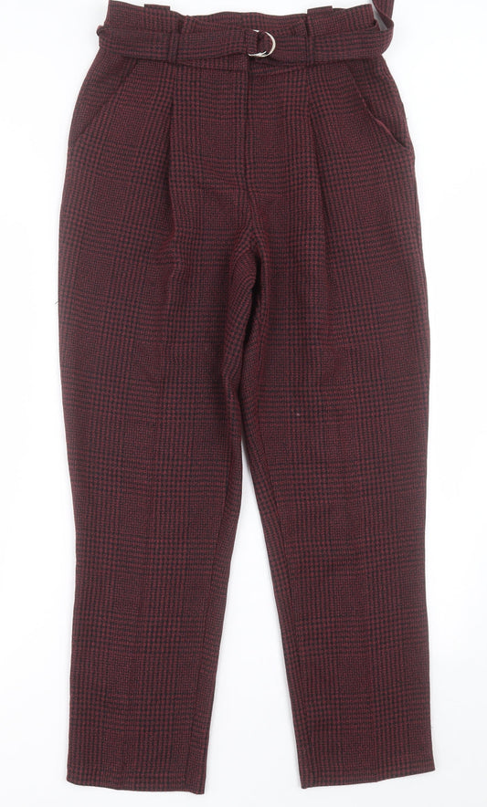 New Look Womens Red Plaid Polyester Trousers  Size 8 L28 in Regular Hook & Eye
