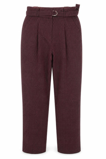 Front view of New Look women’s red plaid polyester trousers, size UK 8, 28-inch leg regular hook & eye