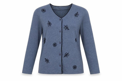 Front view of Preworn women’s blue v-neck polyester cardigan jumper, size S