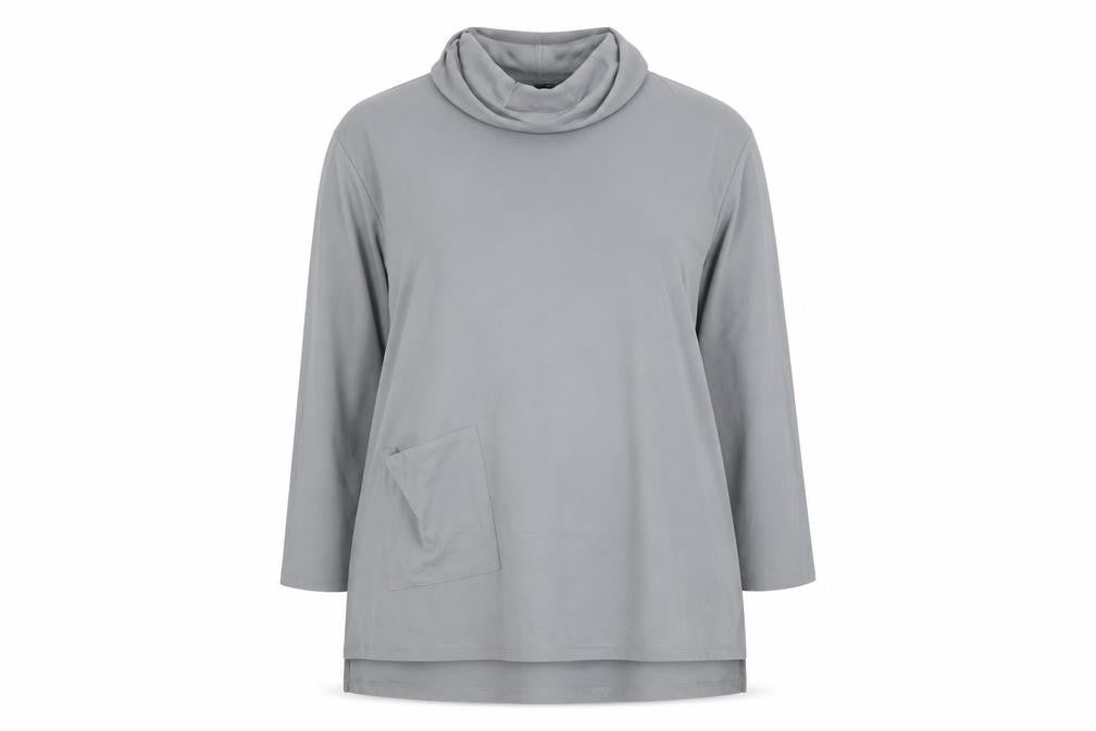 Front view of Young Kim women’s grey roll neck nylon jumper, size UK 16