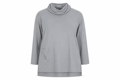 Front view of Young Kim women’s grey roll neck nylon jumper, size UK 16