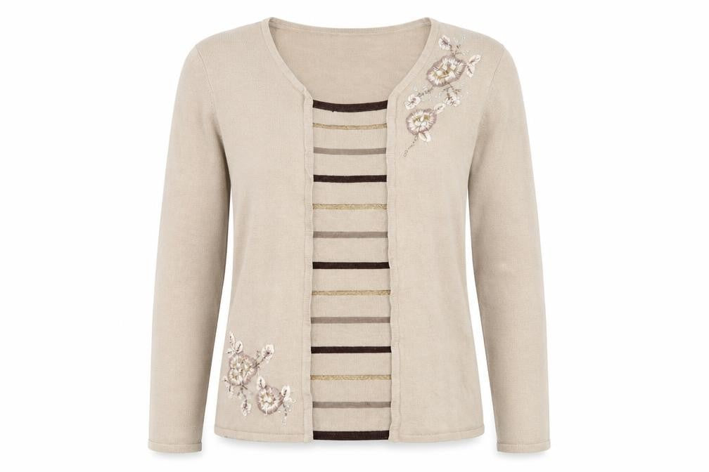 Front view of Damart women’s brown square neck acrylic jumper, size M