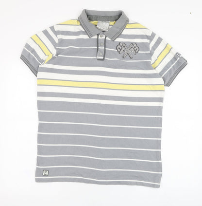 T-Sport Mens Grey Striped Cotton  Polo Size L Collared Pullover