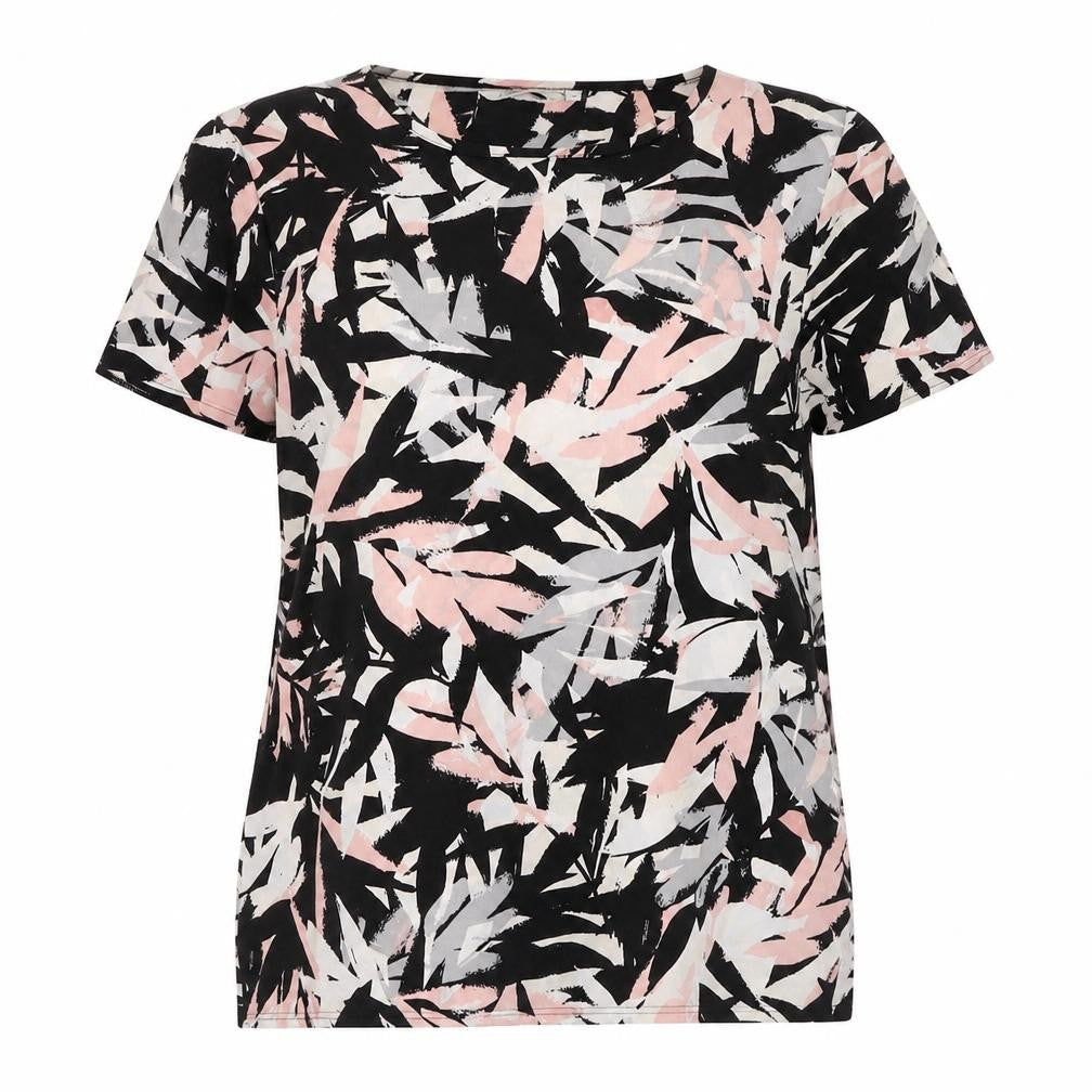 Front view of Peacocks women’s black geometric polyester tunic t-shirt, size UK 10, round neck