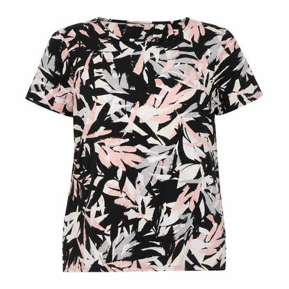 Front view of Peacocks women’s black geometric polyester tunic t-shirt, size UK 10, round neck