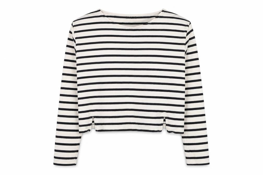Front view of River Island women’s ivory striped cotton pullover sweatshirt, size UK 6, pullover