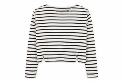 Front view of River Island women’s ivory striped cotton pullover sweatshirt, size UK 6, pullover