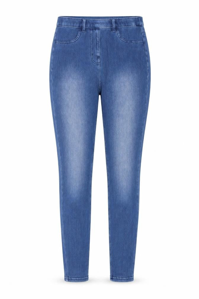 Front view of Next women’s blue cotton skinny jeans, size UK 10, 27-inch leg regular button