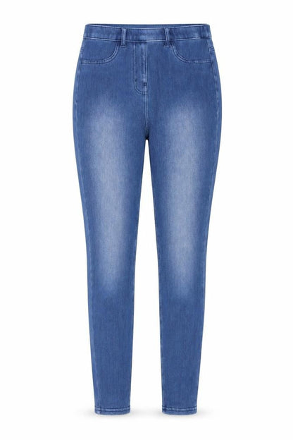 Front view of Next women’s blue cotton skinny jeans, size UK 10, 27-inch leg regular button