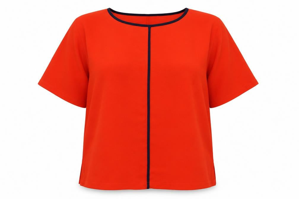 Front view of Marks & Spencer women’s red polyester t-shirt, size UK 12, round neck