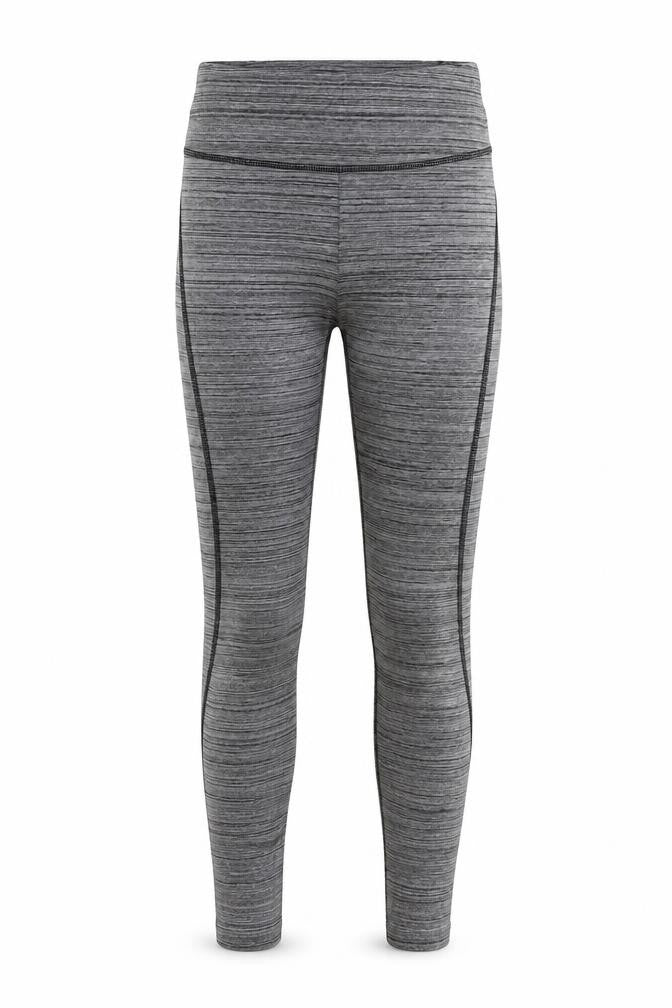 Front view of ClpActive women’s grey striped polyester pedal pusher leggings, size XS, 26-inch leg regular pullover
