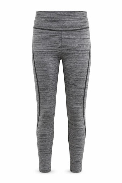 Front view of ClpActive women’s grey striped polyester pedal pusher leggings, size XS, 26-inch leg regular pullover
