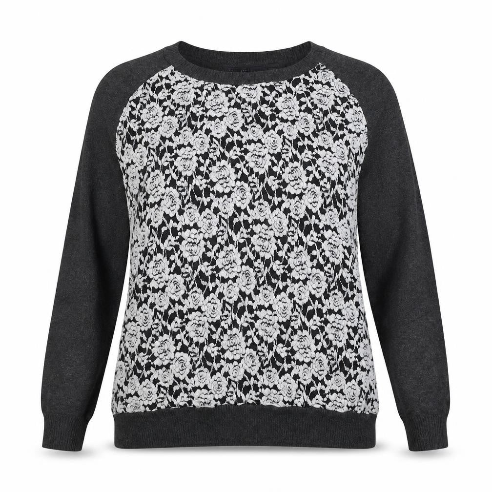 Front view of Marks & Spencer women’s grey round neck floral viscose jumper, size UK 14
