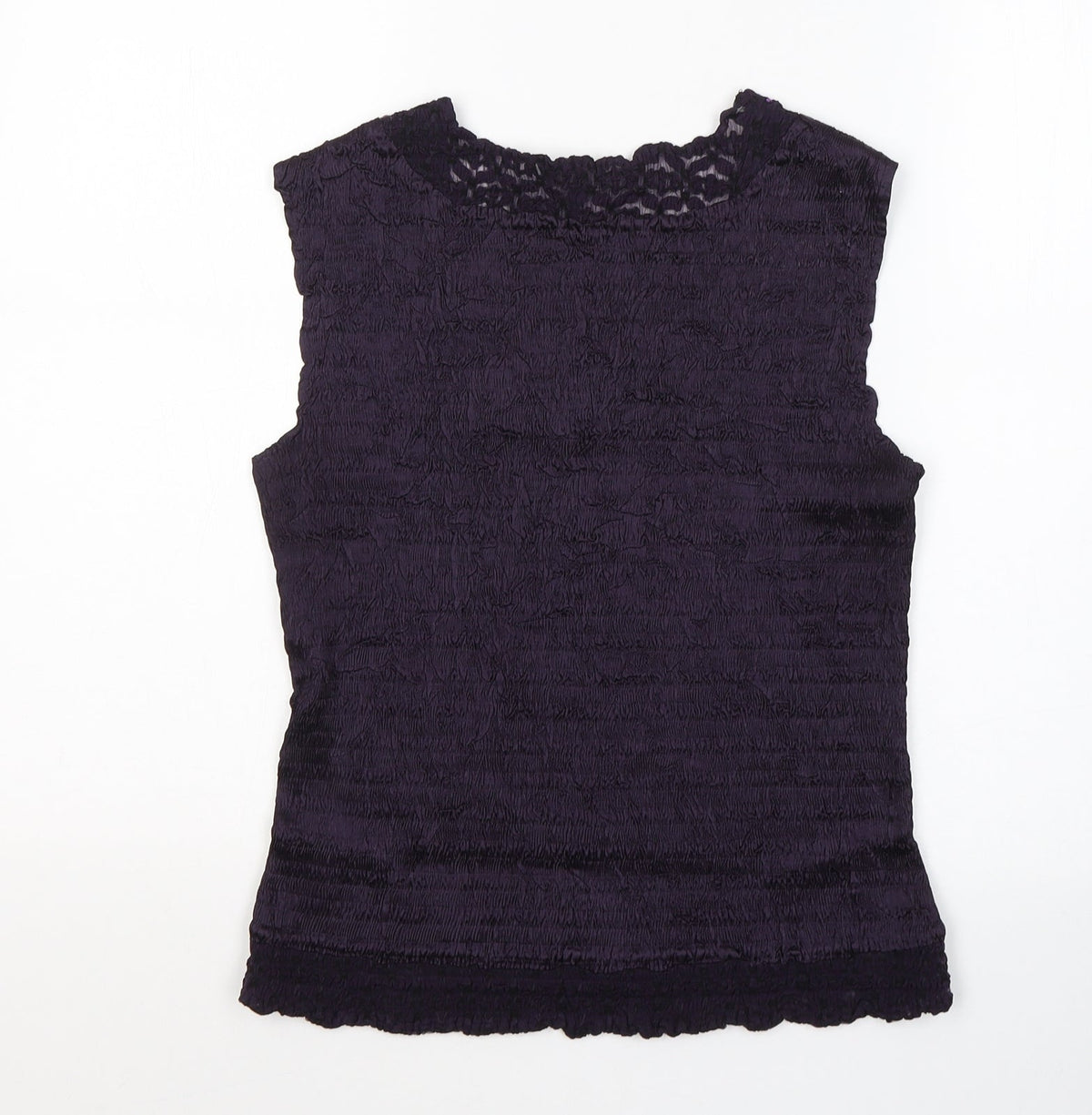 Back view of BEAST women’s purple polyester basic tank, size M, round neck