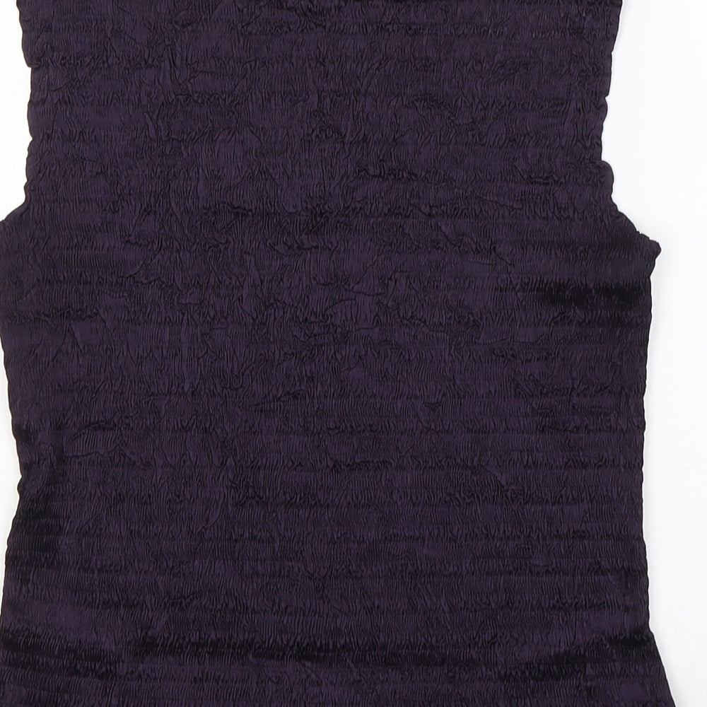 Brand and care label for BEAST women’s purple polyester basic tank, size M, round neck