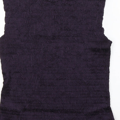 Brand and care label for BEAST women’s purple polyester basic tank, size M, round neck