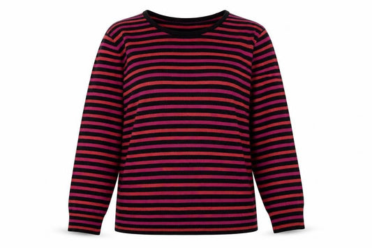Front view of Marks & Spencer women’s multicoloured round neck striped acrylic jumper, size UK 14