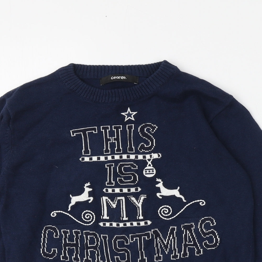 George Boys Blue Round Neck  100% Cotton Pullover Jumper Size 5-6 Years   - Santa Pattern
