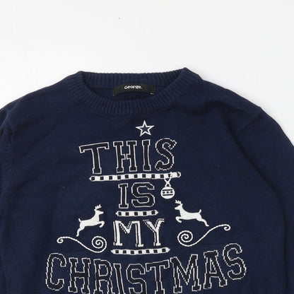 George Boys Blue Round Neck  100% Cotton Pullover Jumper Size 5-6 Years   - Santa Pattern