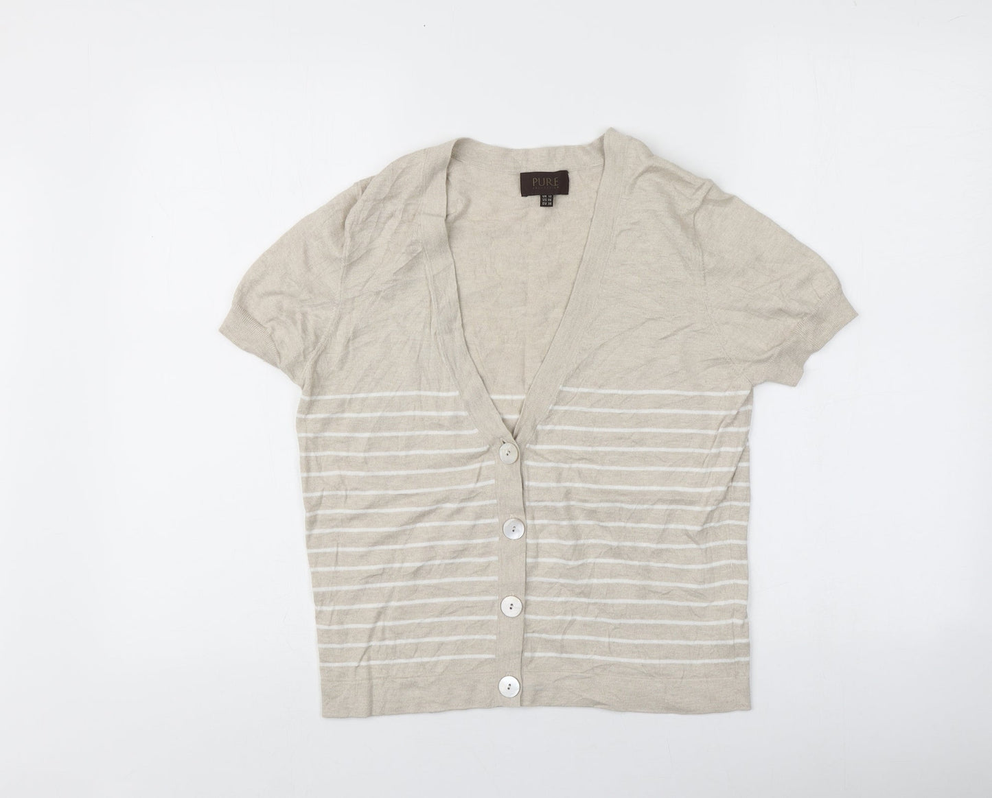 PURE Collection Womens Beige V-Neck Striped Cotton Pullover Jumper Size 12