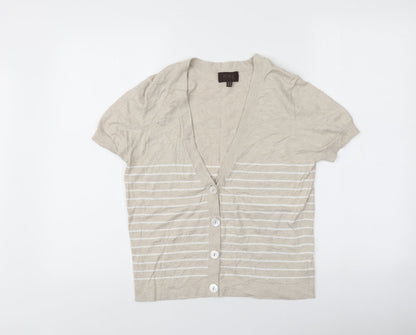 PURE Collection Womens Beige V-Neck Striped Cotton Pullover Jumper Size 12