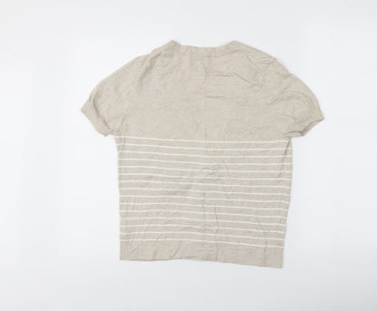 PURE Collection Womens Beige V-Neck Striped Cotton Pullover Jumper Size 12