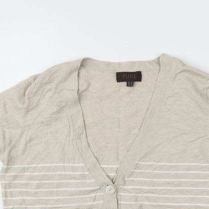PURE Collection Womens Beige V-Neck Striped Cotton Pullover Jumper Size 12
