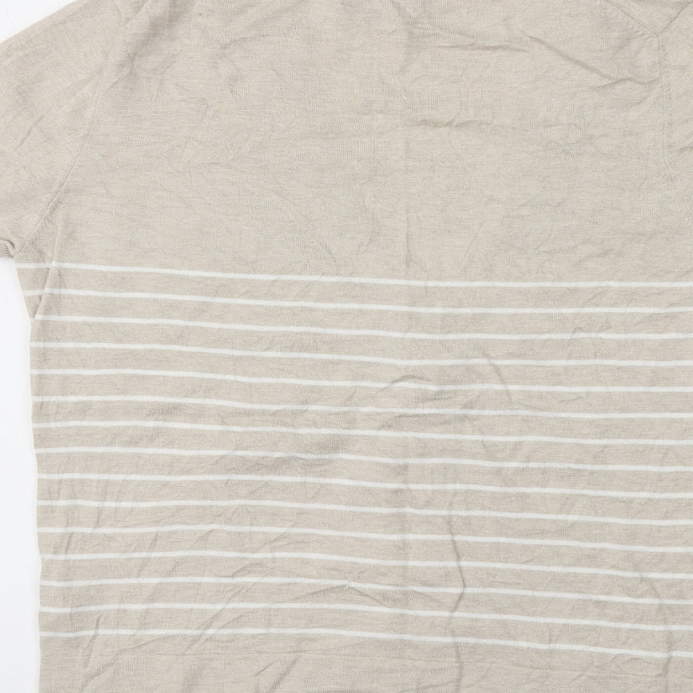 PURE Collection Womens Beige V-Neck Striped Cotton Pullover Jumper Size 12