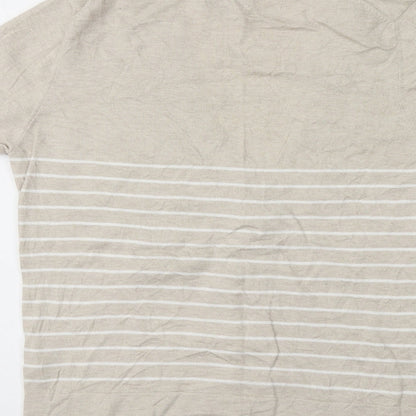 PURE Collection Womens Beige V-Neck Striped Cotton Pullover Jumper Size 12