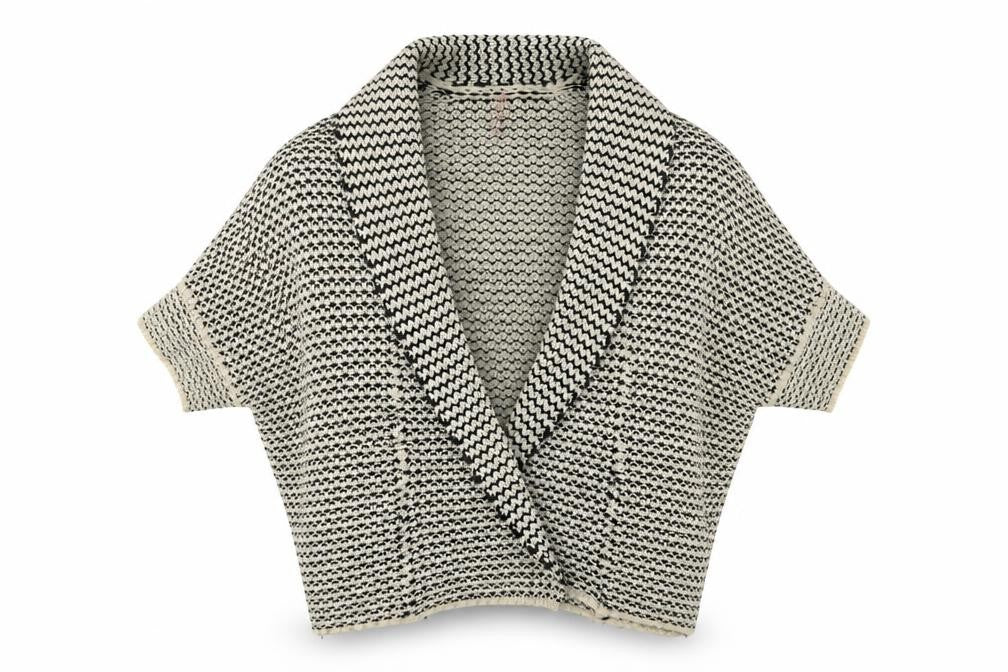 Front view of Sweewë women’s beige v-neck acrylic cardigan jumper, size UK 8
