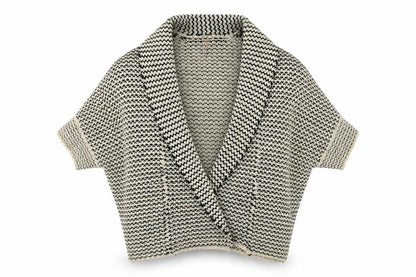 Front view of Sweewë women’s beige v-neck acrylic cardigan jumper, size UK 8