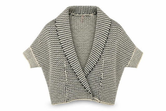 Front view of Sweewë women’s beige v-neck acrylic cardigan jumper, size UK 8
