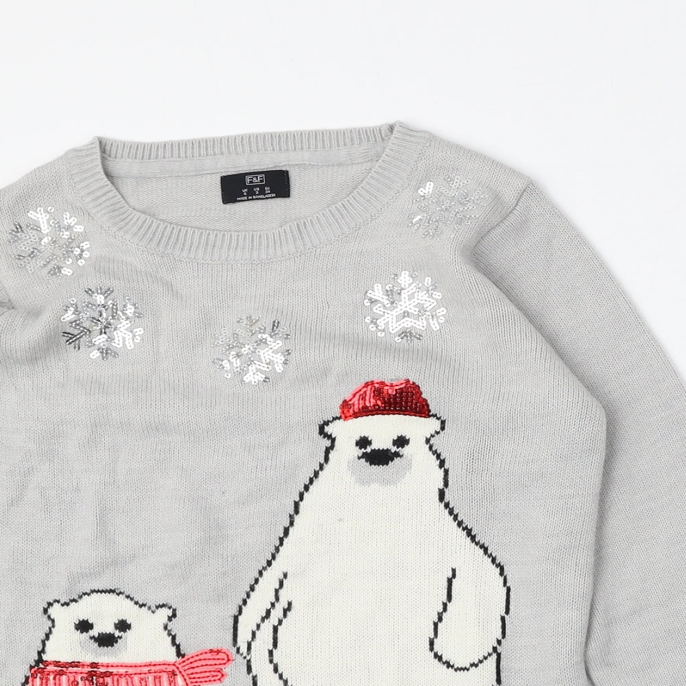 F&F Womens Grey Round Neck  Polyester Pullover Jumper Size 6