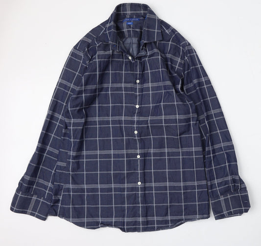 Vince Camuto Mens Blue Check Polyester  Button-Up Size 16 Collared Button