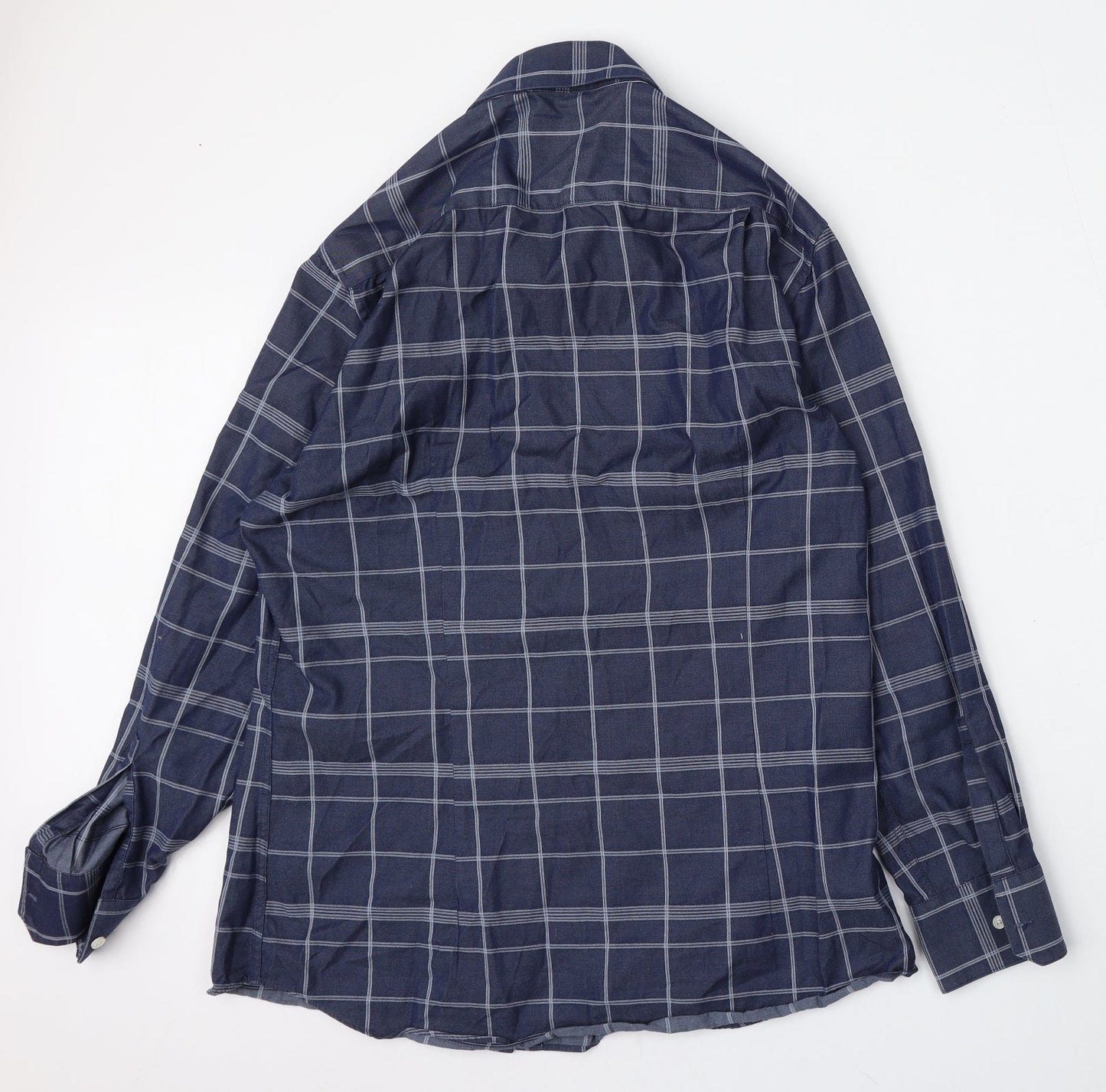 Vince Camuto Mens Blue Check Polyester  Button-Up Size 16 Collared Button