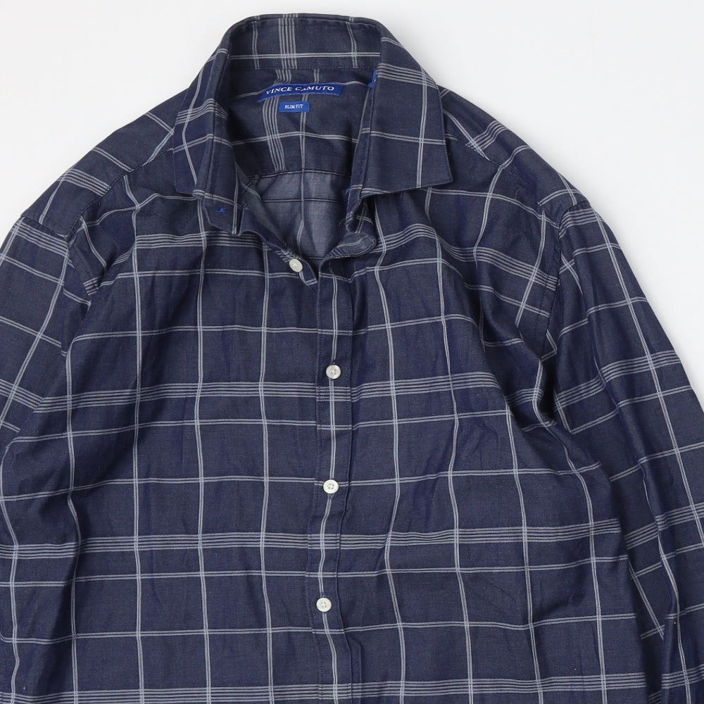 Vince Camuto Mens Blue Check Polyester  Button-Up Size 16 Collared Button