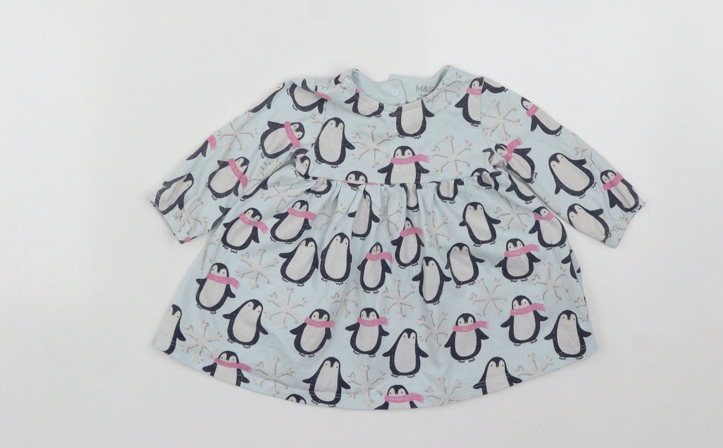 Marks and Spencer Girls Blue  Cotton Fit & Flare  Size 3-6 Months  Round Neck Snap - Penguins