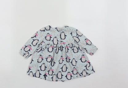 Marks and Spencer Girls Blue  Cotton Fit & Flare  Size 3-6 Months  Round Neck Snap - Penguins