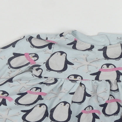 Marks and Spencer Girls Blue  Cotton Fit & Flare  Size 3-6 Months  Round Neck Snap - Penguins