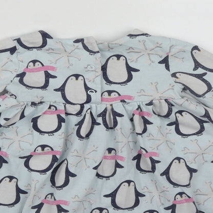 Marks and Spencer Girls Blue  Cotton Fit & Flare  Size 3-6 Months  Round Neck Snap - Penguins