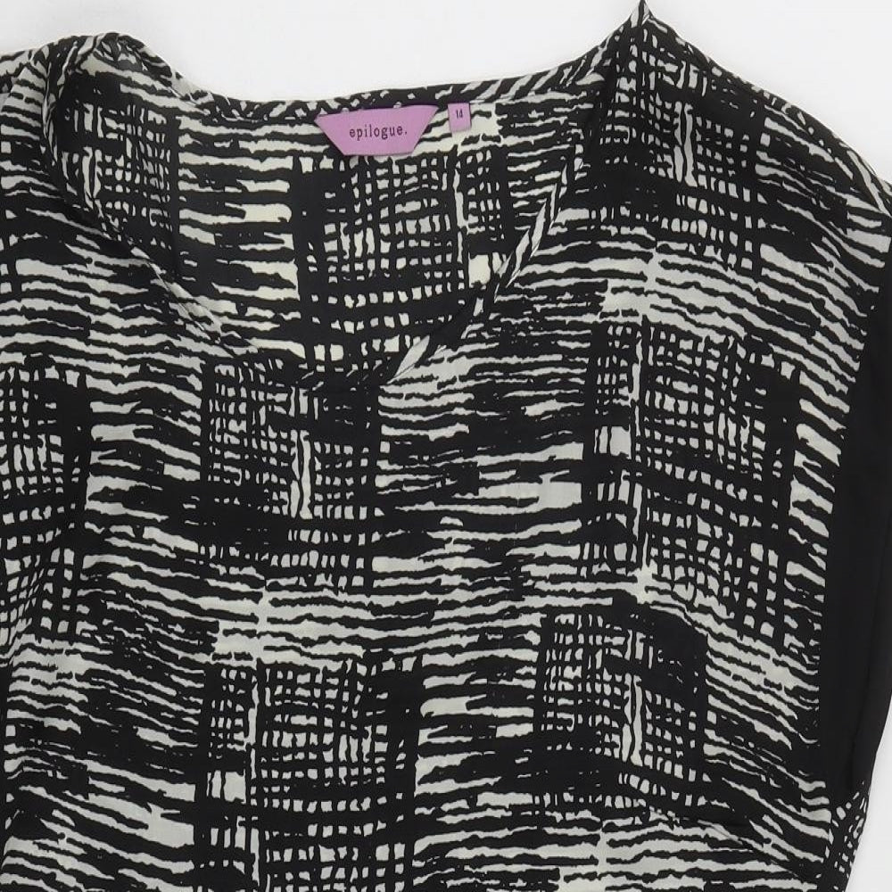 Close-up detail of Epiloque women’s black geometric polyester tunic blouse, size UK 14, round neck