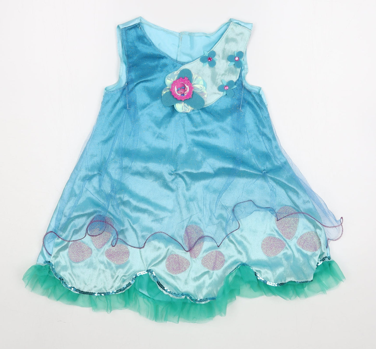 Trolls Girls Blue  Polyester Trapeze & Swing  Size 4-5 Years  Scoop Neck Hook & Loop - Trolls Costume