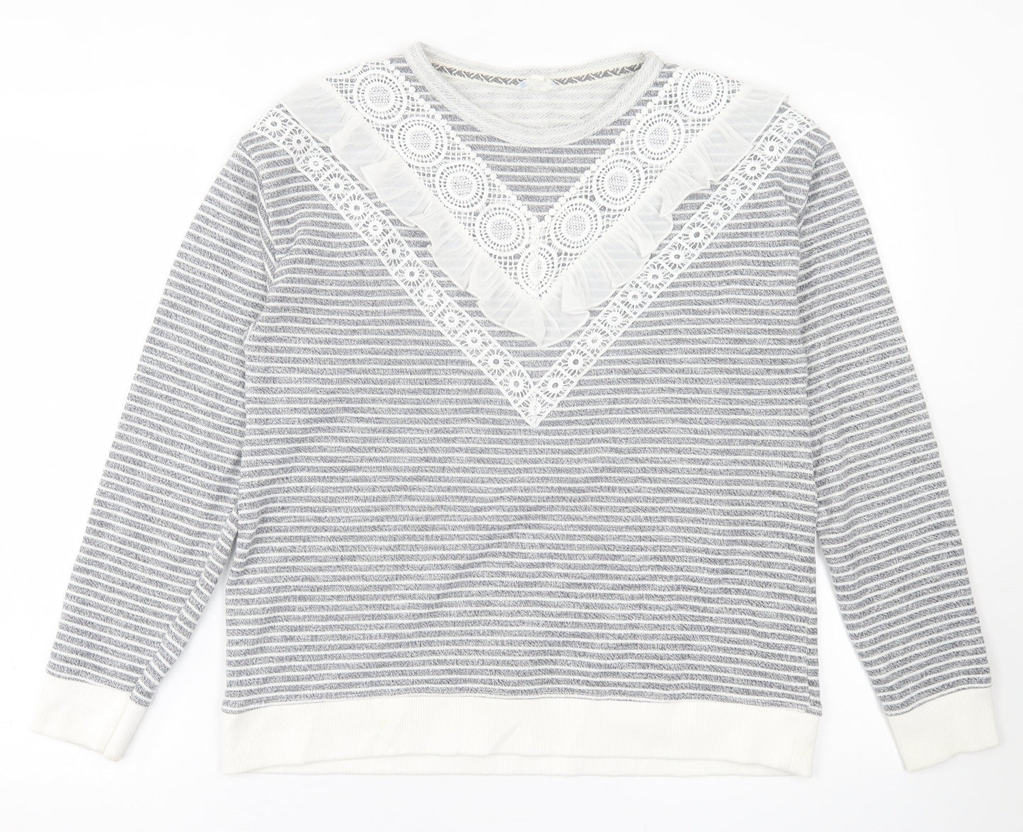 Falmer Womens Grey Crew Neck Striped Polyester Pullover Jumper Size 12