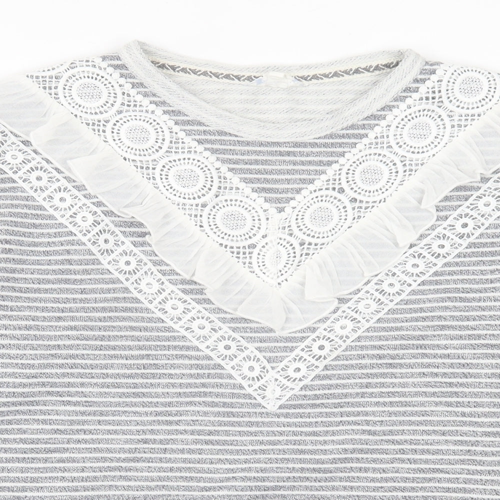 Falmer Womens Grey Crew Neck Striped Polyester Pullover Jumper Size 12