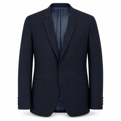 Front view of Identkit men’s blue polyester jacket suit jacket, size 40