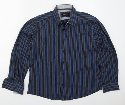 Remus Uomo Mens Blue Striped Cotton  Button-Up Size L Collared Button