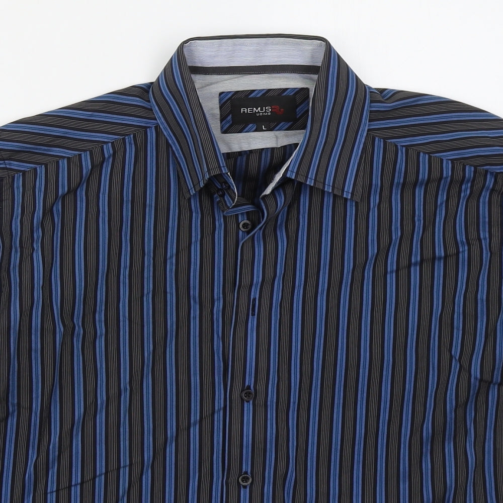 Remus Uomo Mens Blue Striped Cotton  Button-Up Size L Collared Button