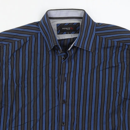 Remus Uomo Mens Blue Striped Cotton  Button-Up Size L Collared Button